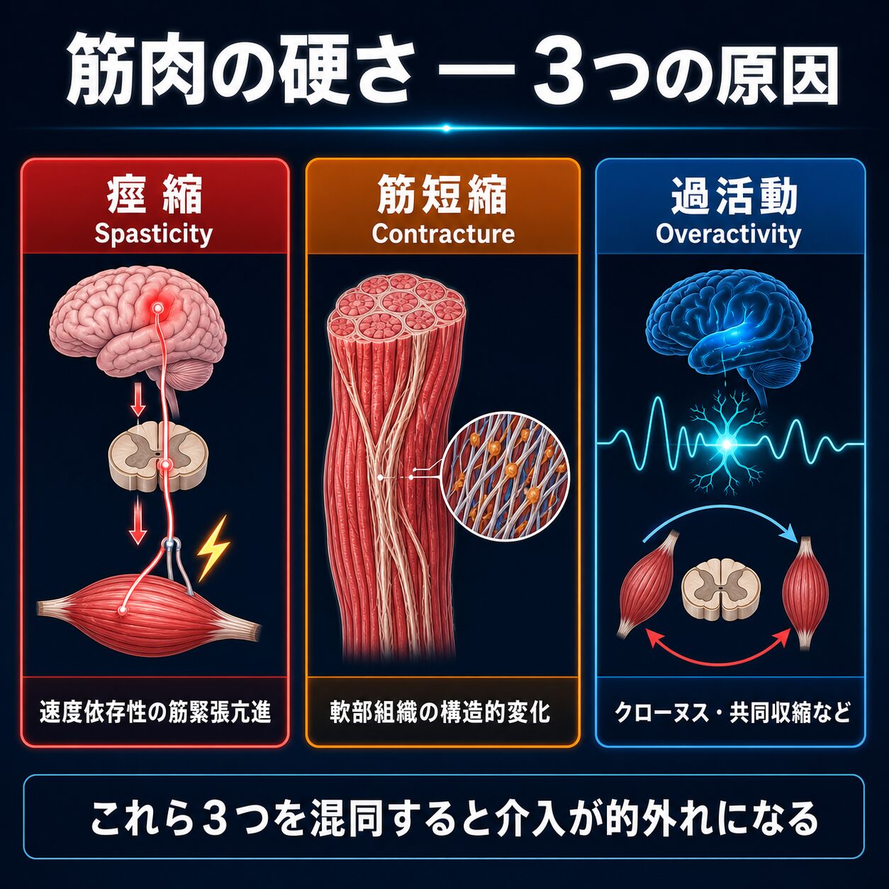 脳卒中後の筋肉の硬さ3種類の概念図：痙縮・筋短縮・過活動