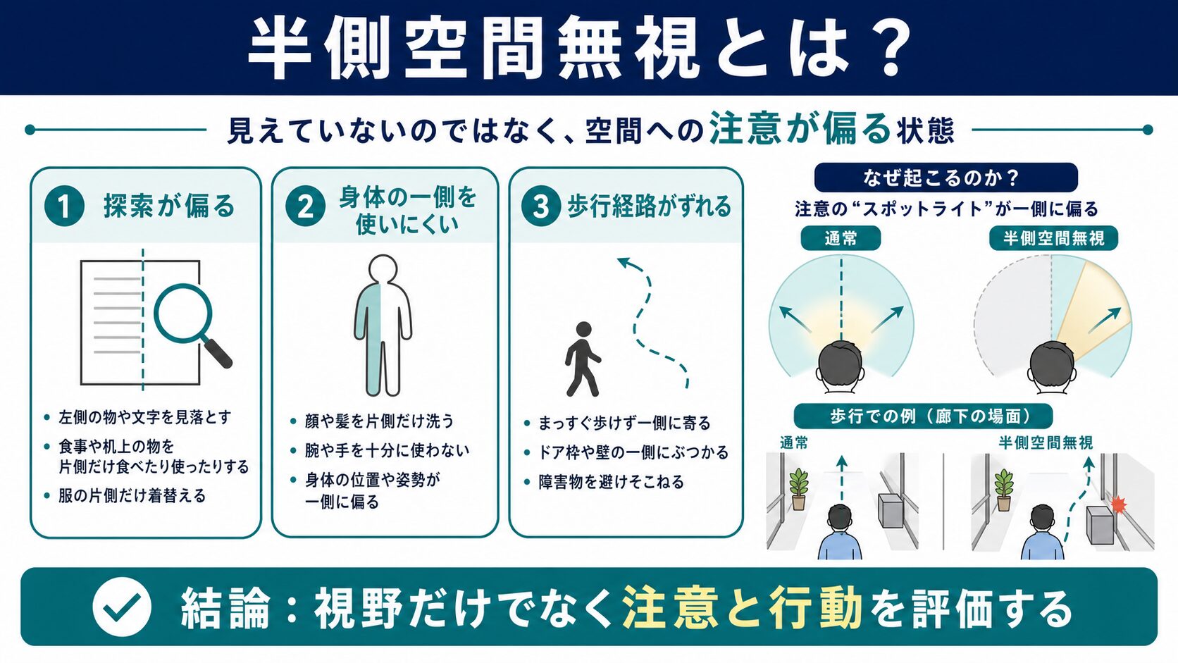 半側空間無視は視野だけでなく注意と行動を評価する必要があることを示した図解