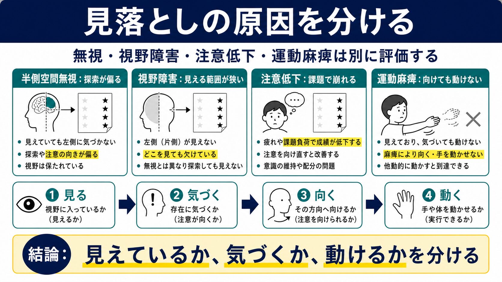 半側空間無視、視野障害、注意低下、運動麻痺を鑑別する図解