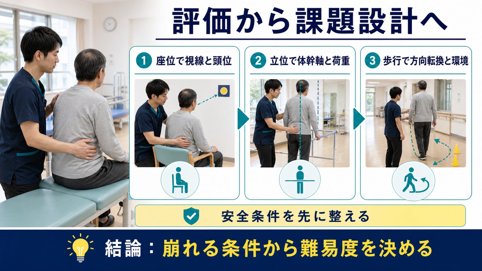 視線と頭頸部の問題を座位、立位、歩行の順に安全に段階づけるリハビリ設計図