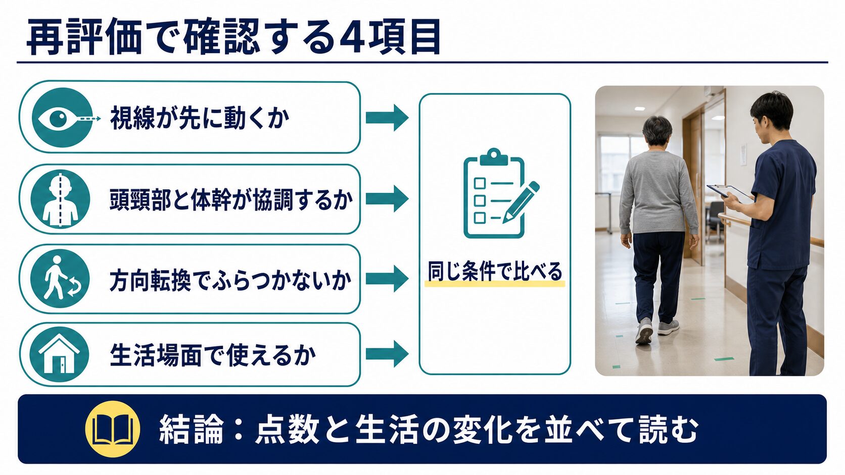 視線、頭頸部と体幹、方向転換、生活場面を同じ条件で再評価する図解