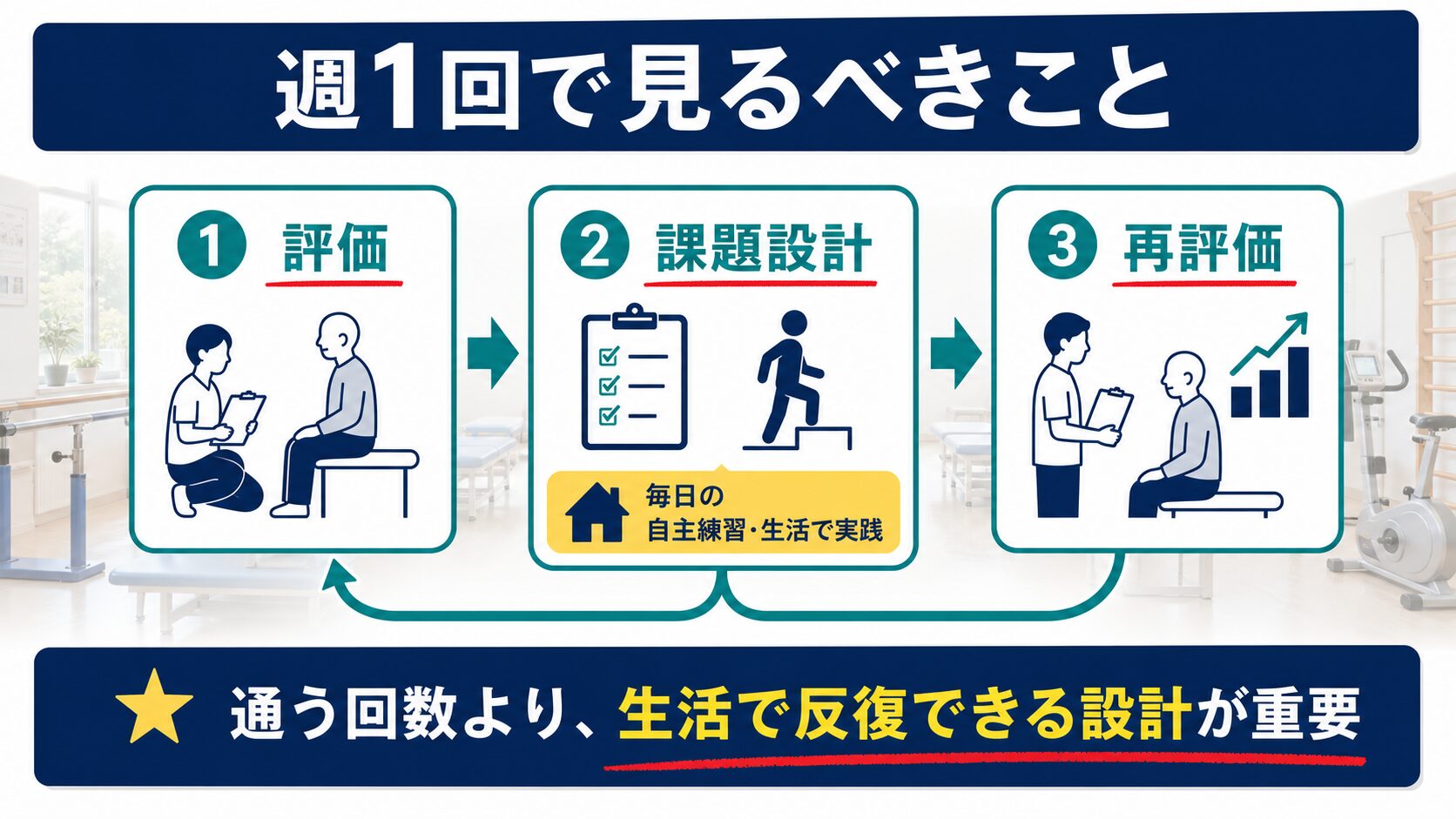週1回リハビリで評価、課題設計、再評価を回す流れの図解