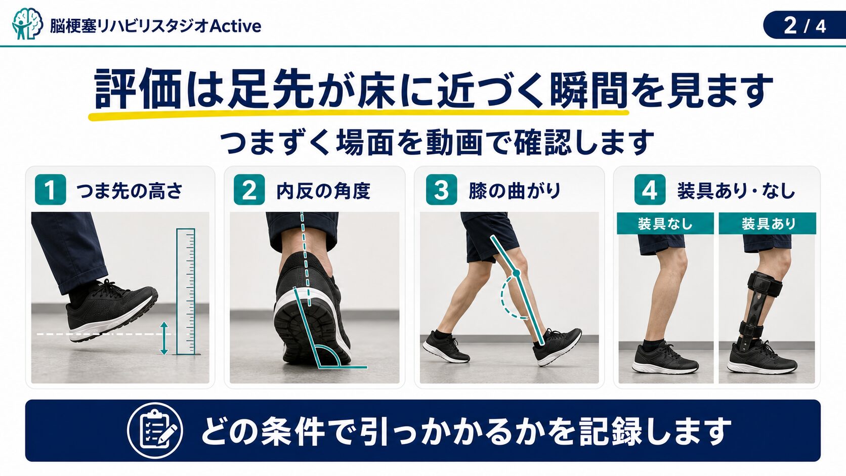 脳卒中後につま先が引っかかる状態の評価図解
