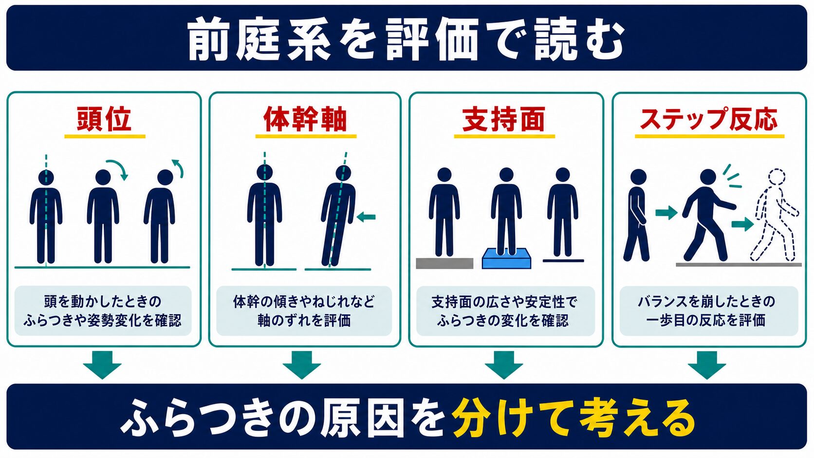 前庭系を頭位、体幹軸、支持面、ステップ反応で評価する図解