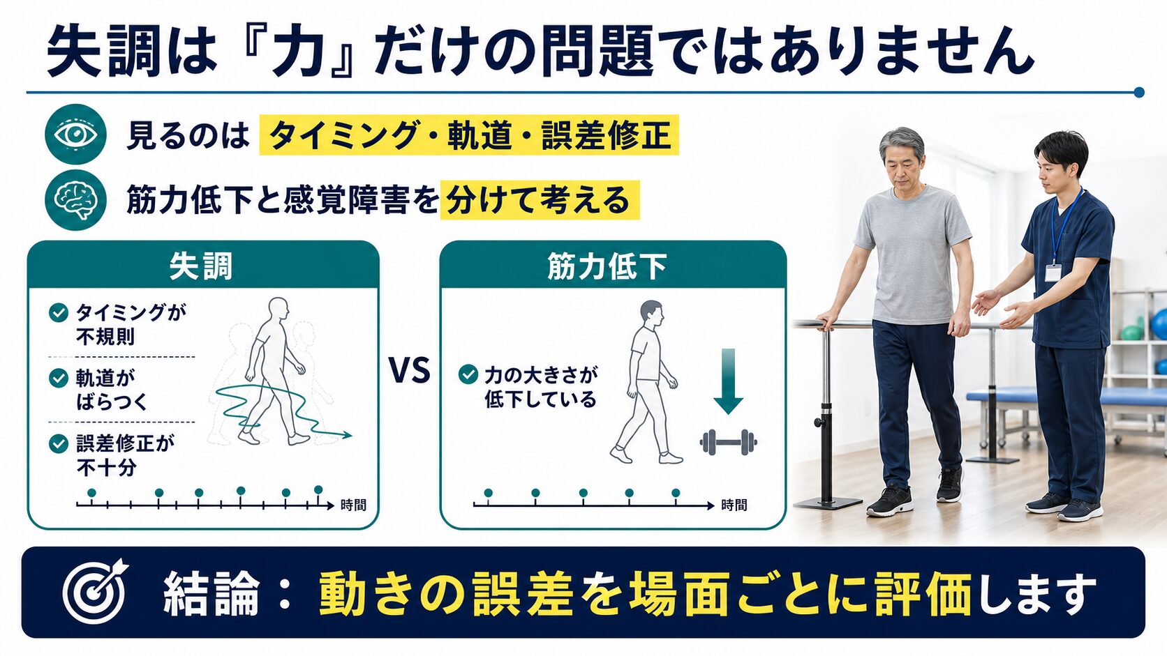 運動失調と筋力低下の違いを、タイミング・軌道・誤差修正から比較する図解