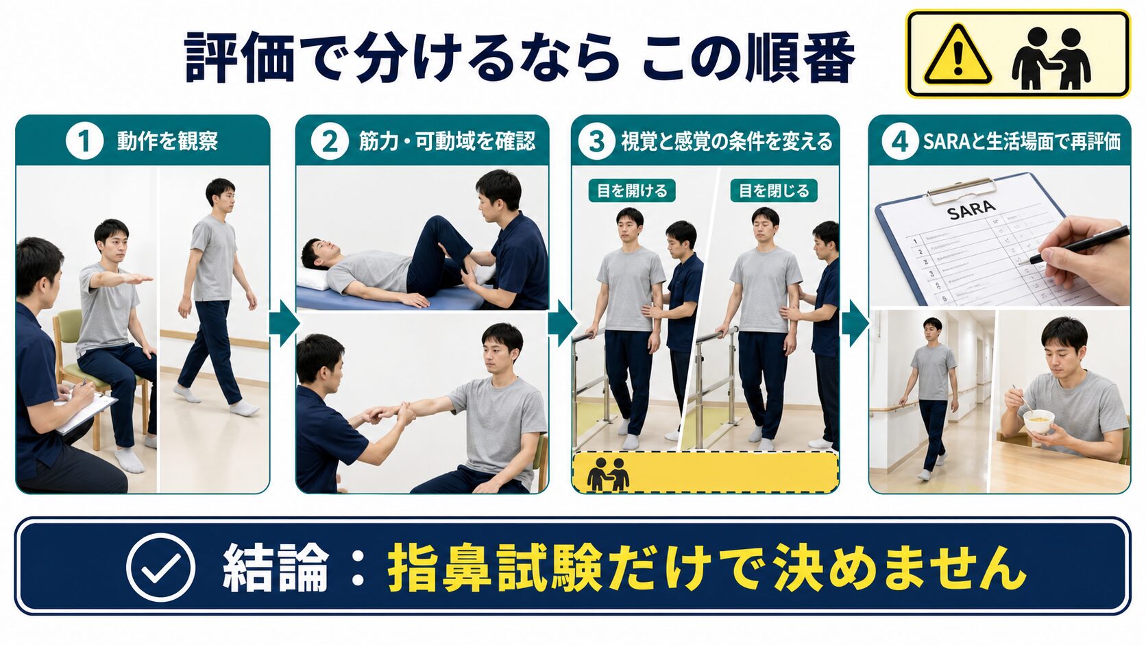 脳卒中後の運動失調を動作、筋力、感覚条件、SARAと生活場面の順で評価する図解