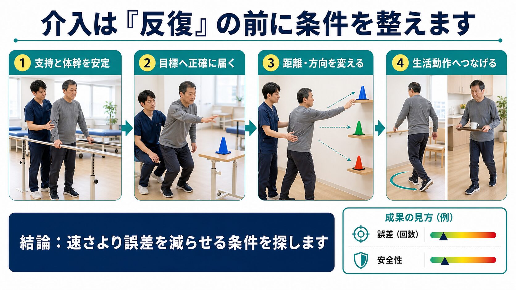 運動失調に対するリハビリを支持、正確な到達、距離と方向、生活動作へ段階づける図解