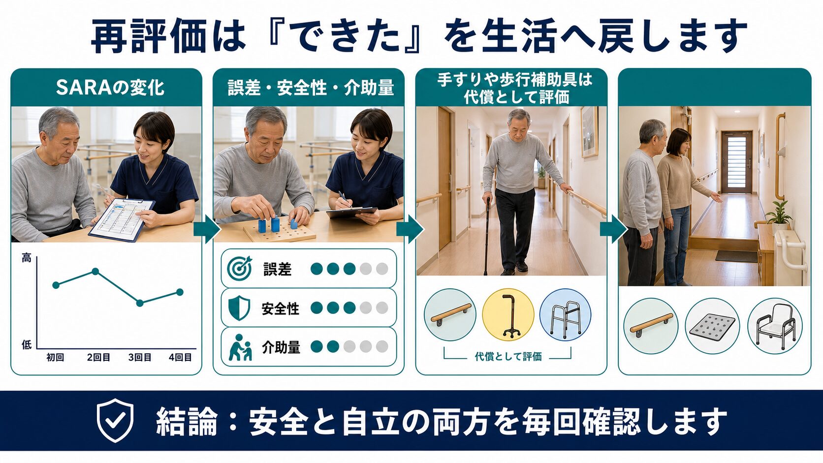 SARA、誤差、安全性、介助量、手すりや歩行補助具を用いた生活場面を再評価する図解