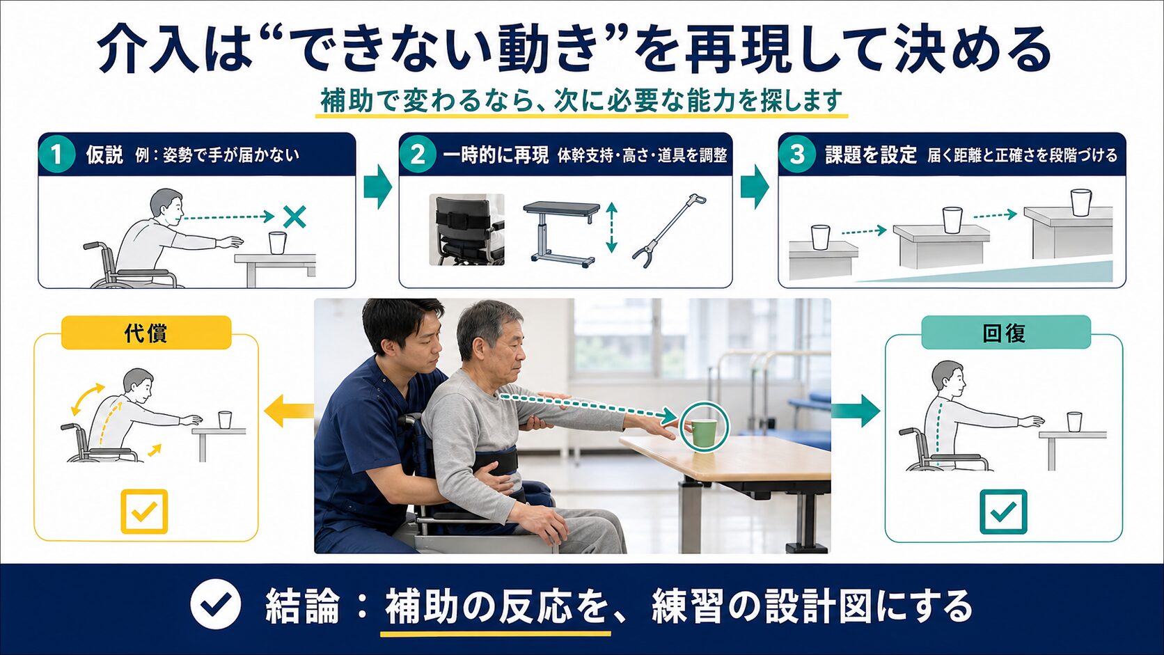 補助で変化する動作を仮説検証し、必要能力から課題設定へ進む脳卒中リハビリの図解