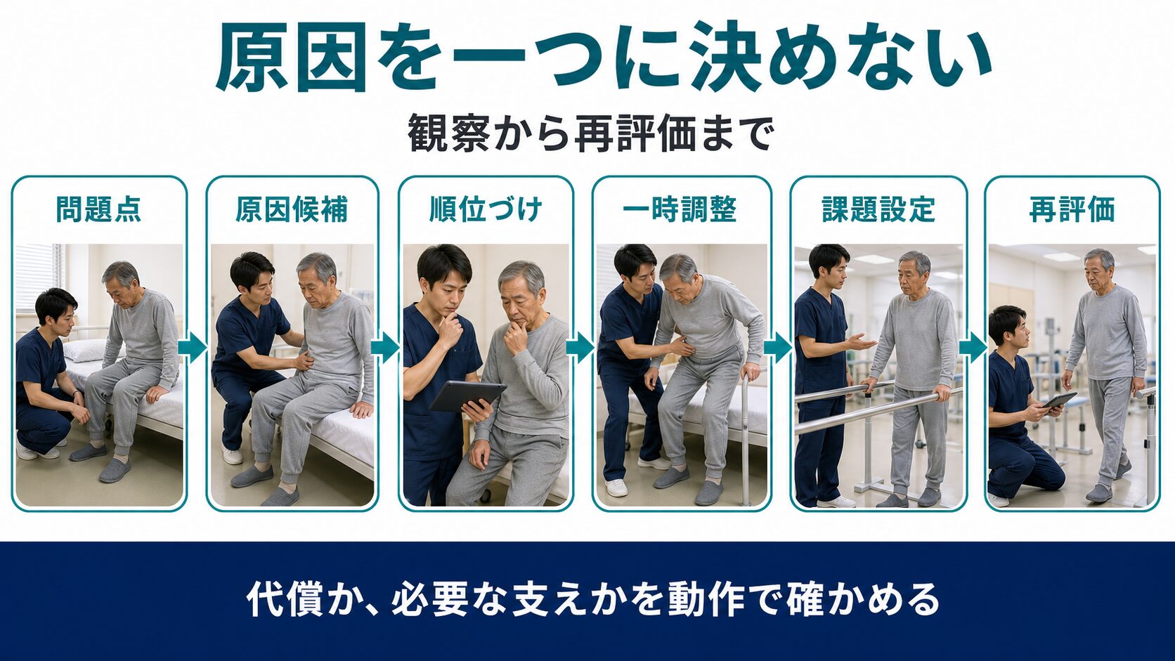 問題点、原因候補、順位づけ、一時調整、課題設定、再評価の臨床推論を示す図解