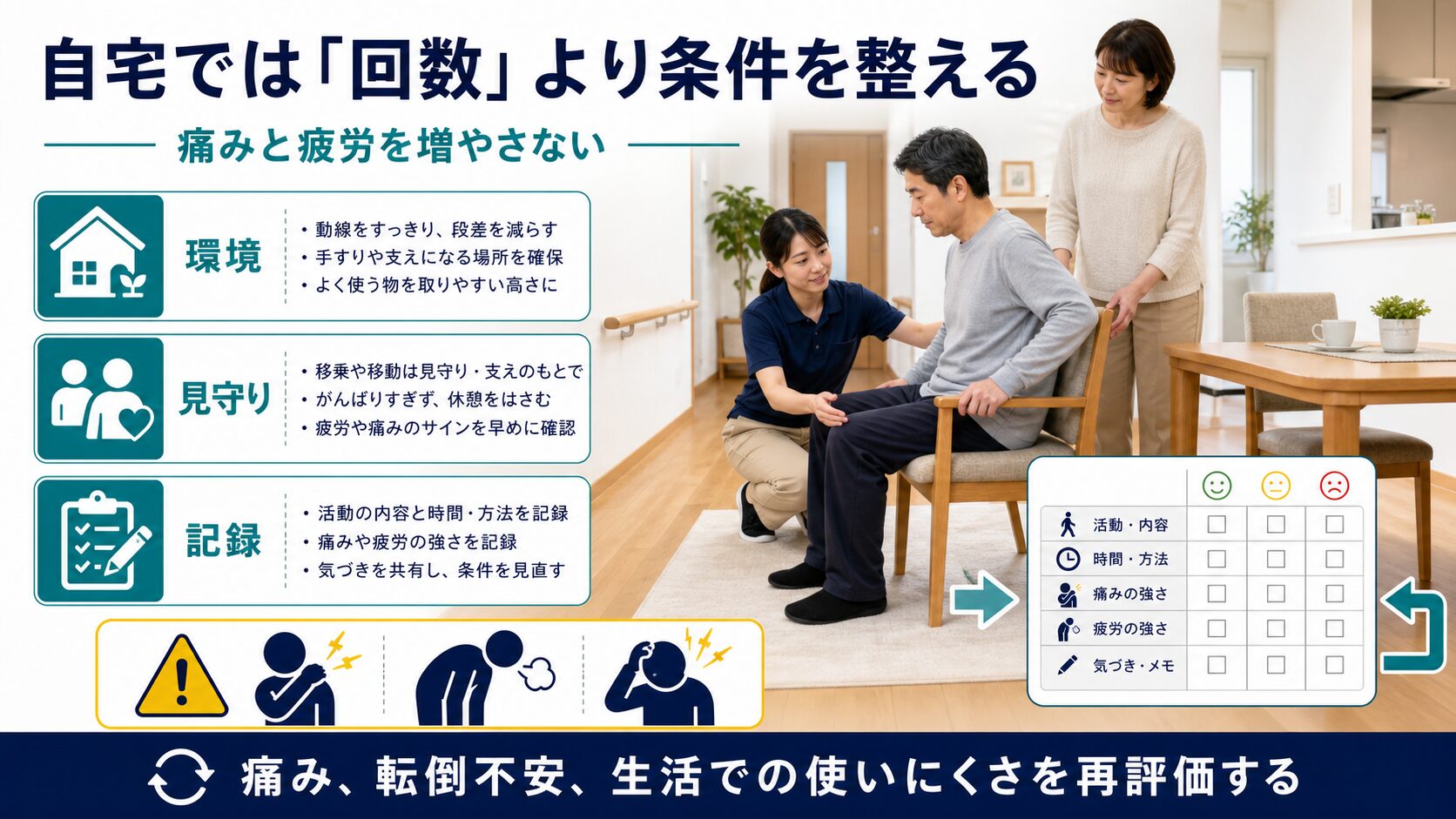 自宅で環境、見守り、記録を整え、痛みや疲労を再評価する図解