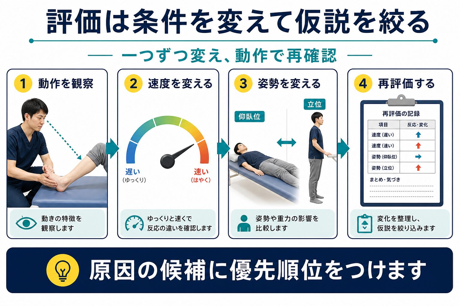 速度と姿勢を変えて痙縮の原因仮説を評価する手順