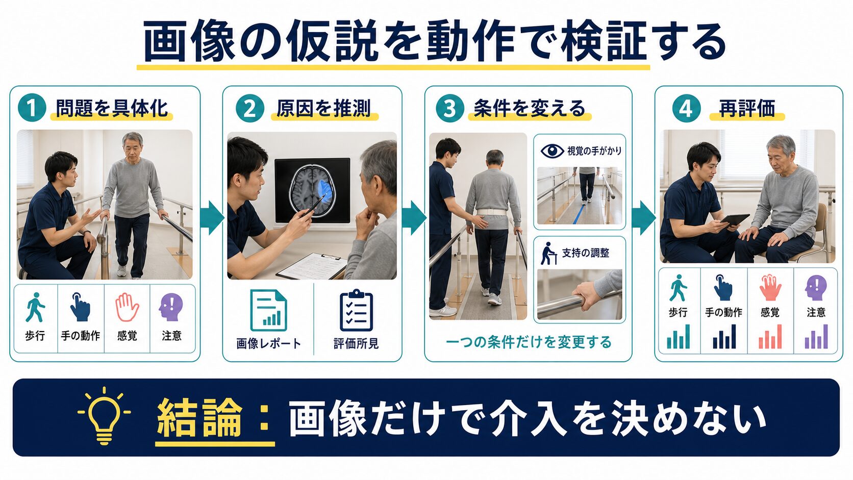 脳画像の仮説を動作評価で確かめる順番を示す講義スライド