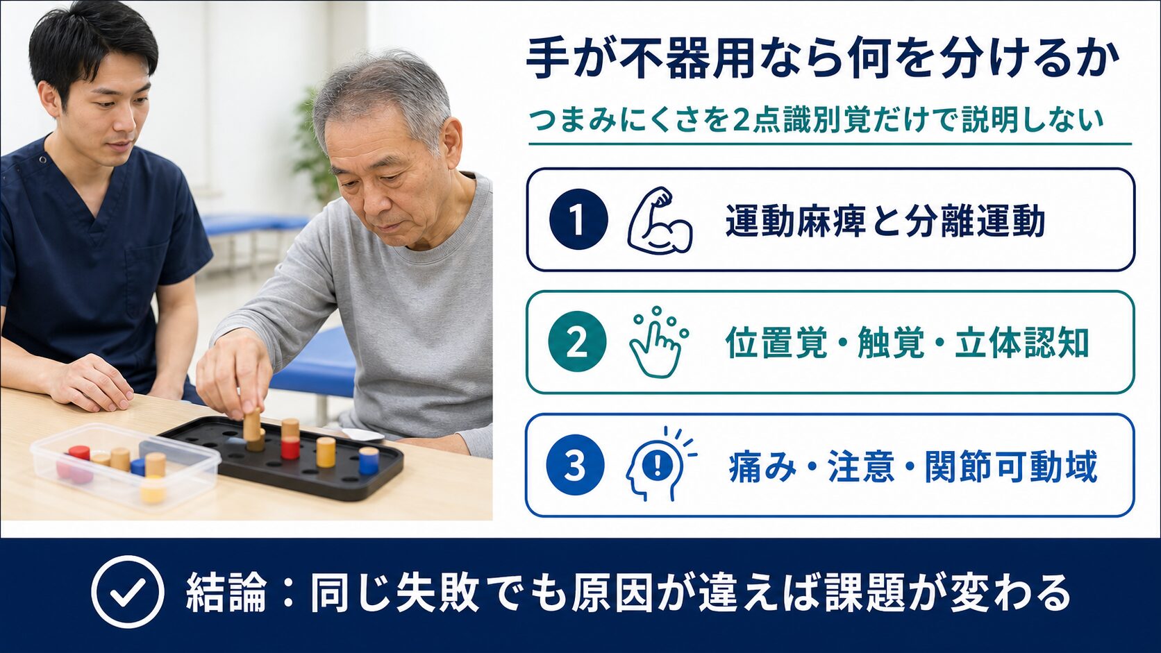 手の不器用さを運動麻痺、感覚、痛みや注意に分ける臨床評価