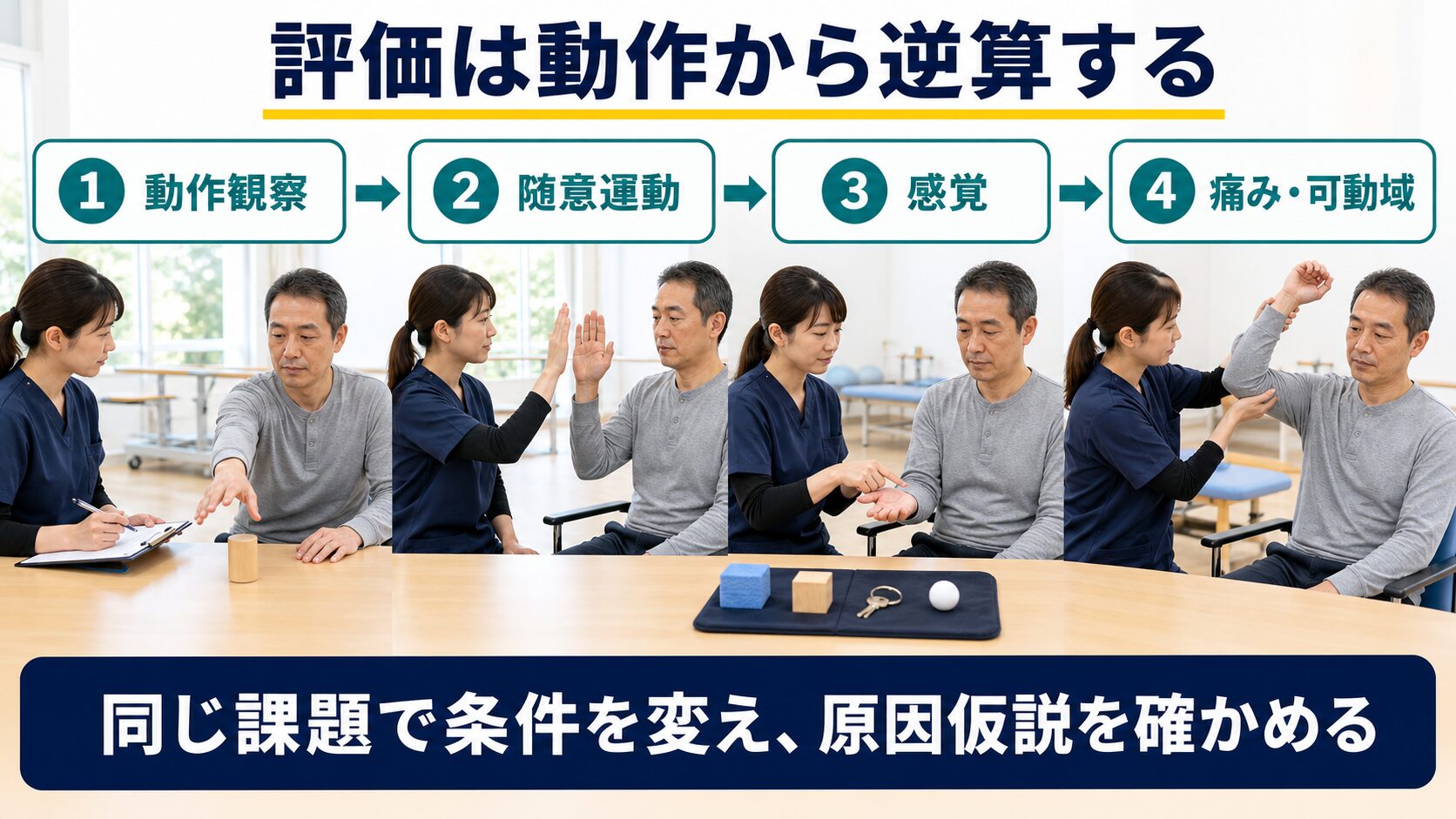 脳卒中後の手の使いにくさを動作観察、随意運動、感覚、痛みと可動域の順に評価する図解