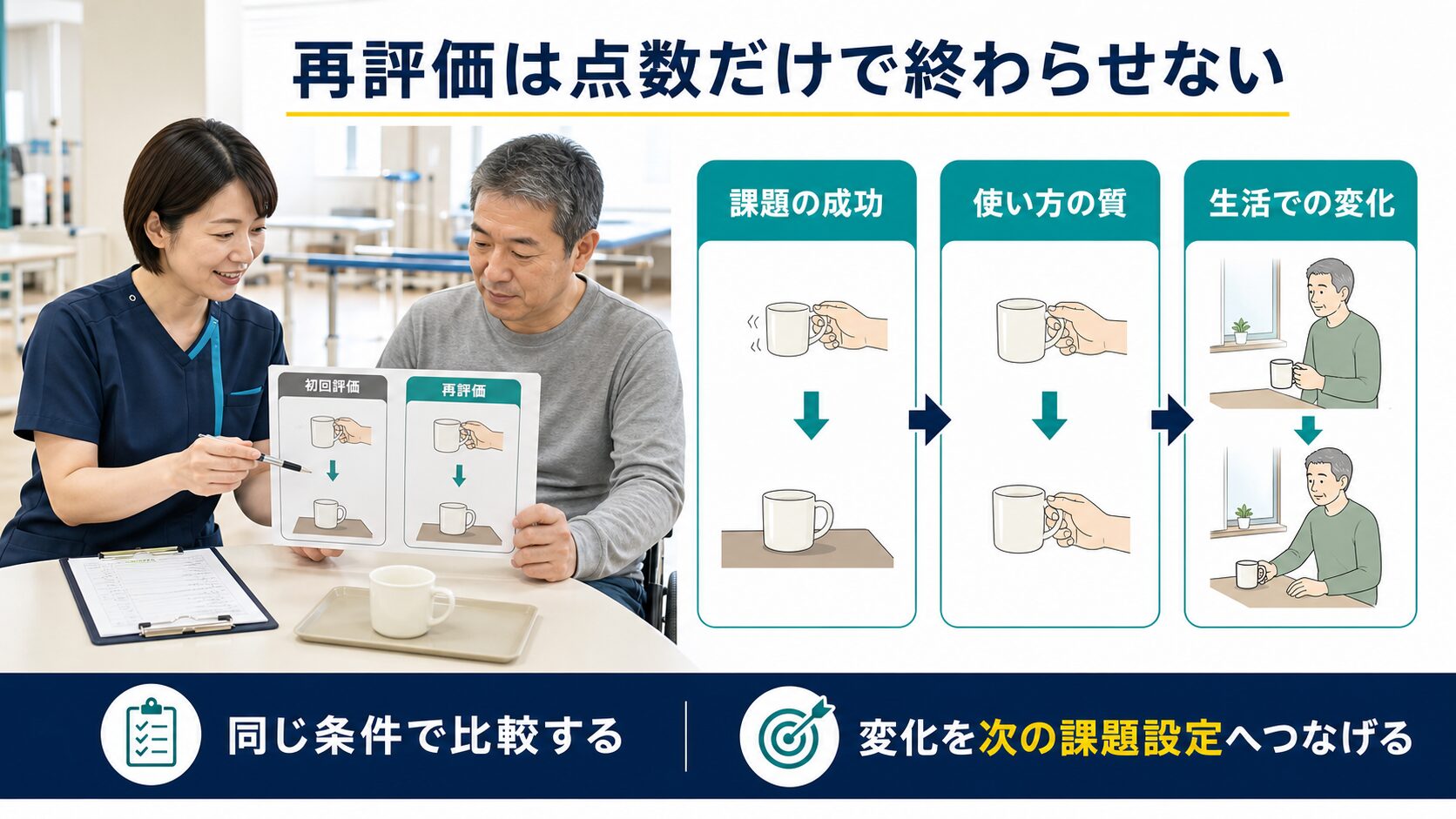 課題の成功、使い方の質、生活での変化を同じ条件で再評価する図解