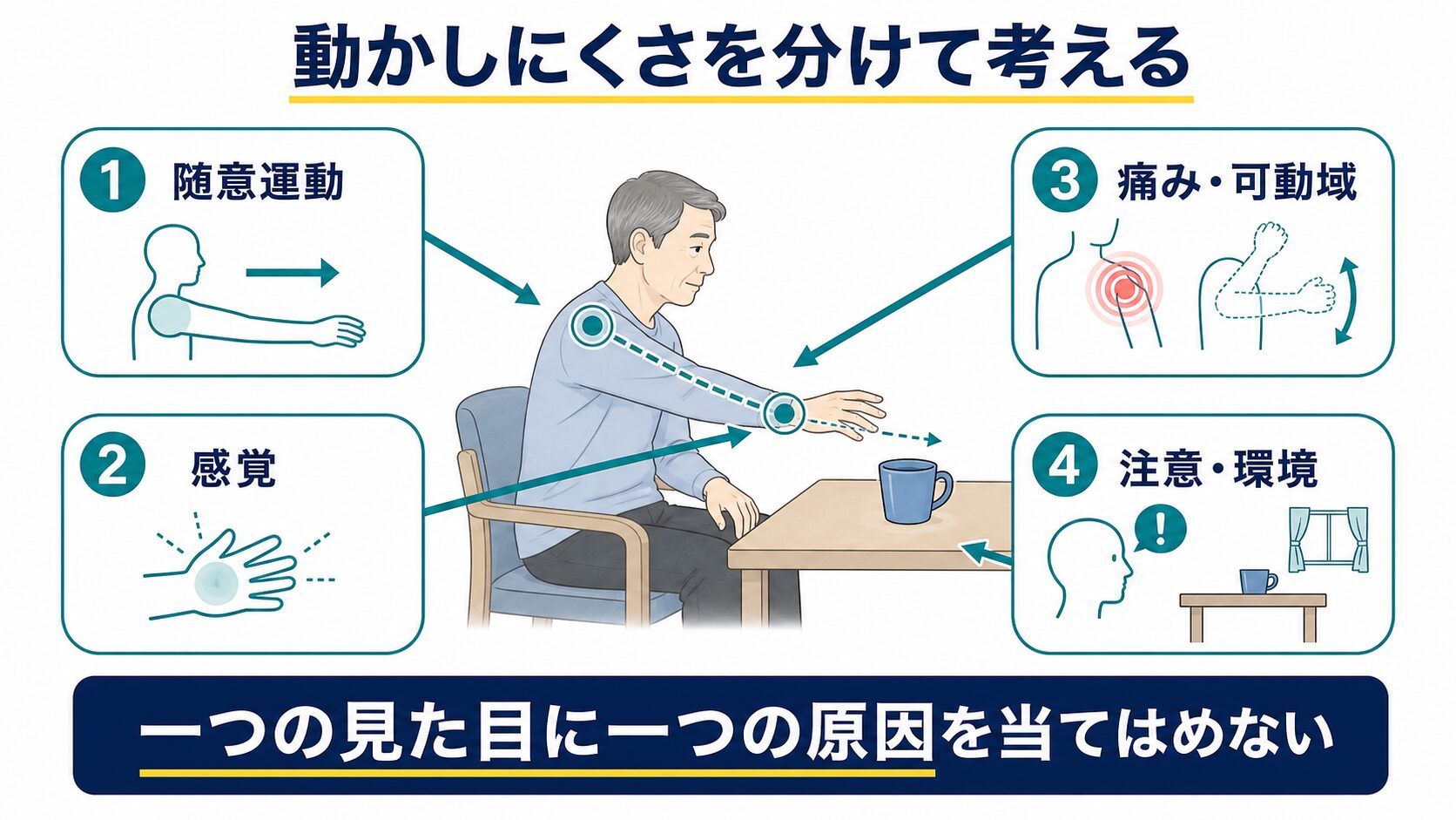 脳卒中後の動かしにくさを随意運動、感覚、痛みと可動域、注意に分ける評価図解