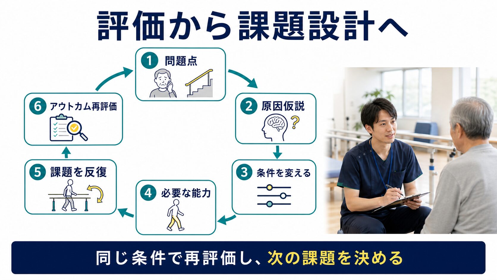 脳卒中リハビリで問題点、仮説、課題、アウトカムを循環させて再評価する図解