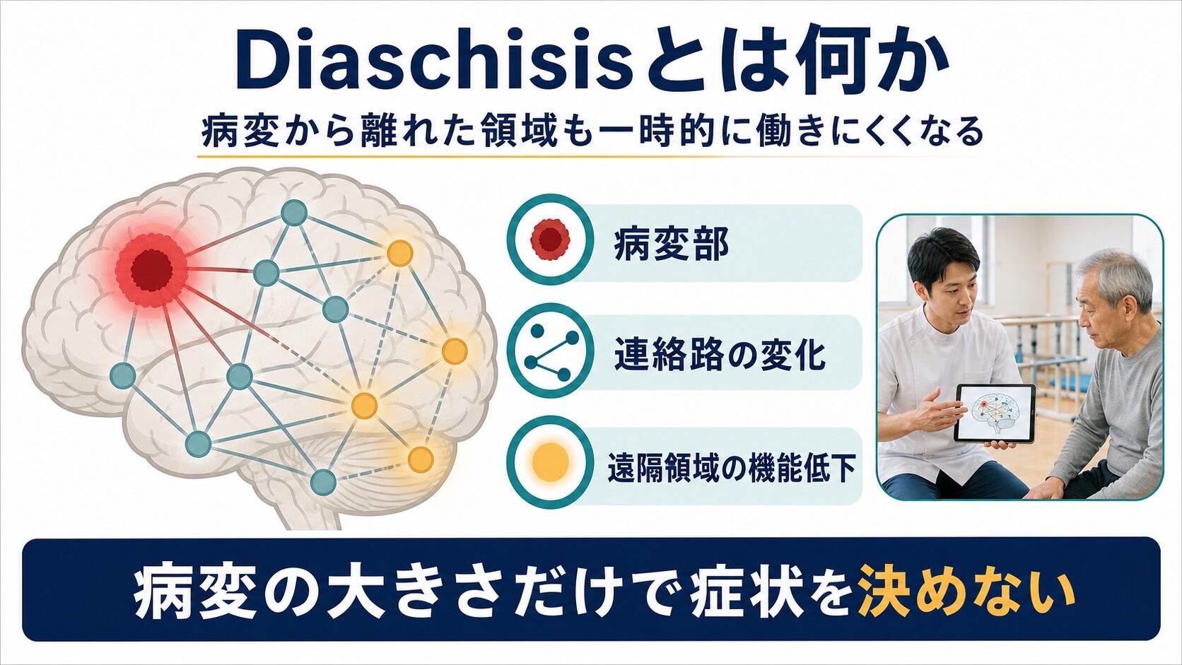 脳卒中後のディアスキシスを病変と遠隔領域のネットワーク低下として示す図解