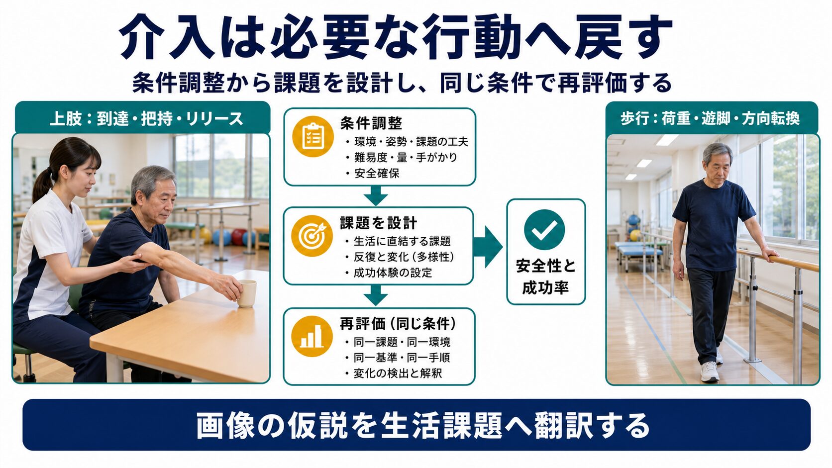 脳卒中後の上肢と歩行の課題を条件調整と再評価で設計する図解