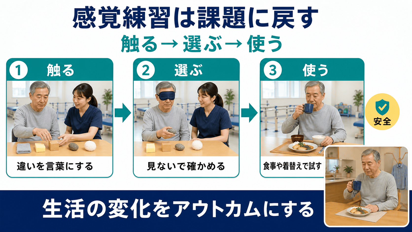 脳卒中後の感覚練習を触る、選ぶ、使うと生活課題へつなげる図解