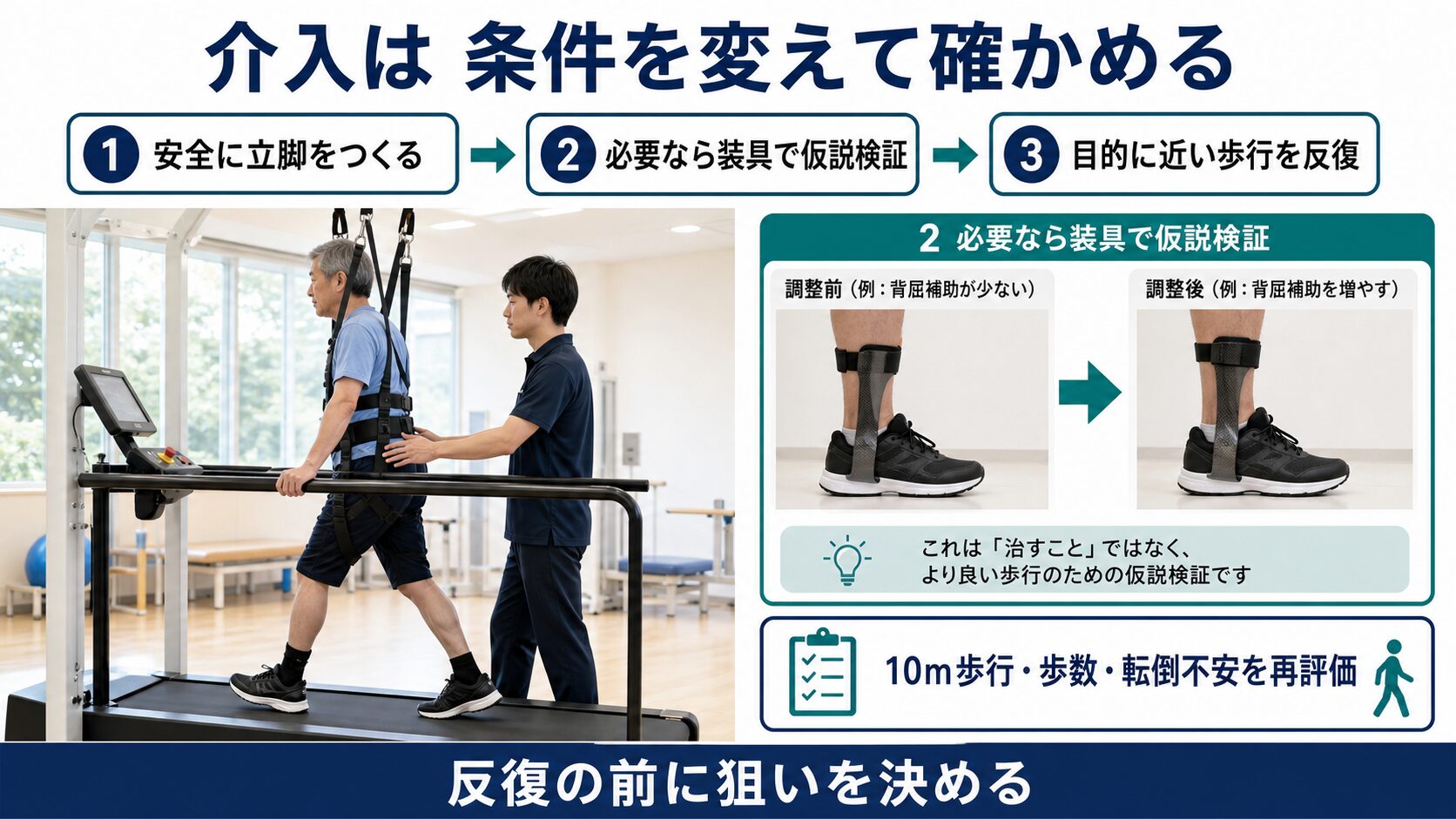 体重免荷や装具を用いて重度麻痺の歩行条件を変え、再評価する図解