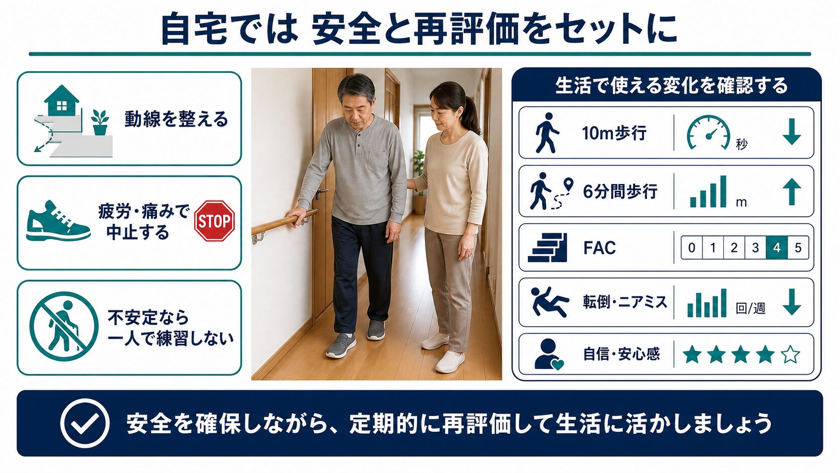 脳卒中後の重度麻痺で自宅歩行を安全に行い、歩行指標を再評価する図解