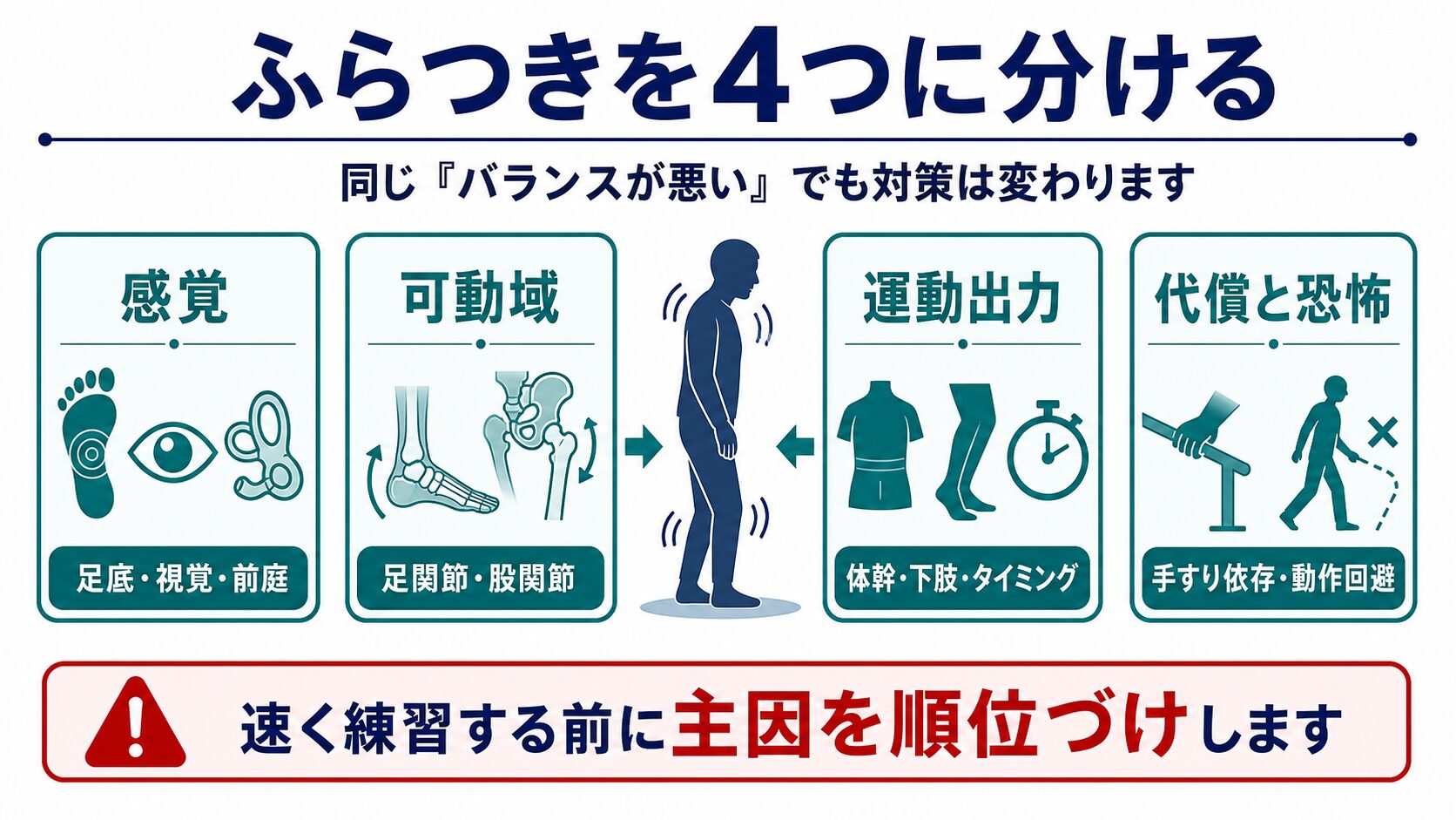 脳卒中後のふらつきを感覚、可動域、運動出力、代償と恐怖に分ける図解
