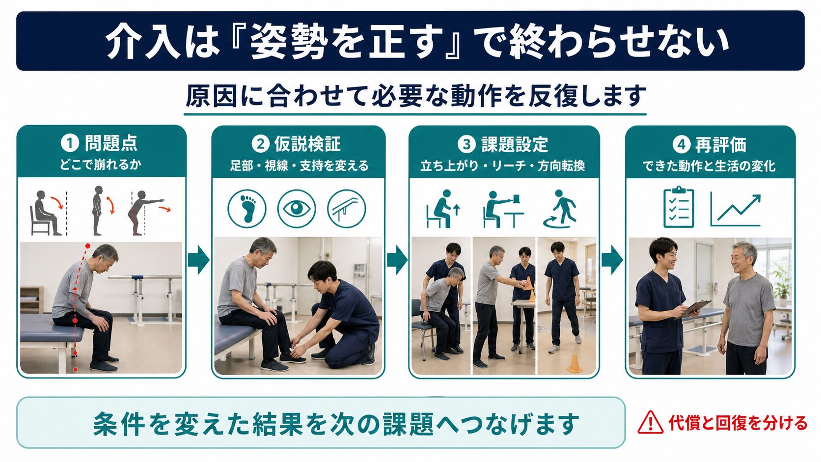 脳卒中後の姿勢制御に対する問題点、仮説検証、課題設定、再評価の流れを示す図解
