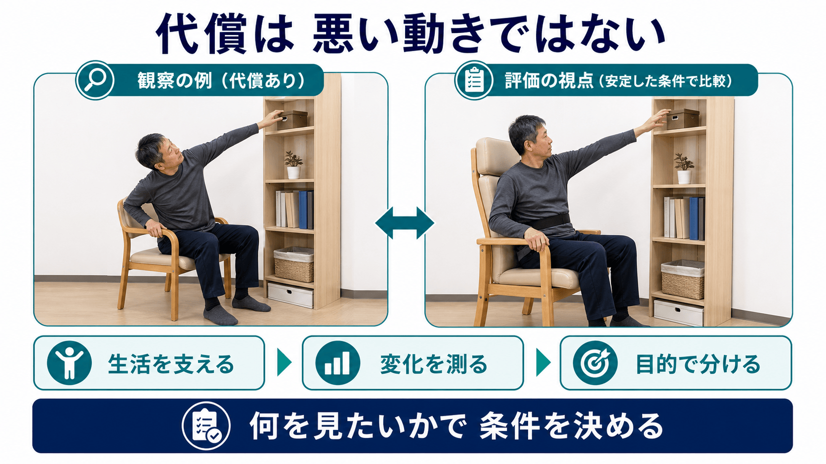 脳卒中後の上肢動作で回復と代償を分けて観察する図解