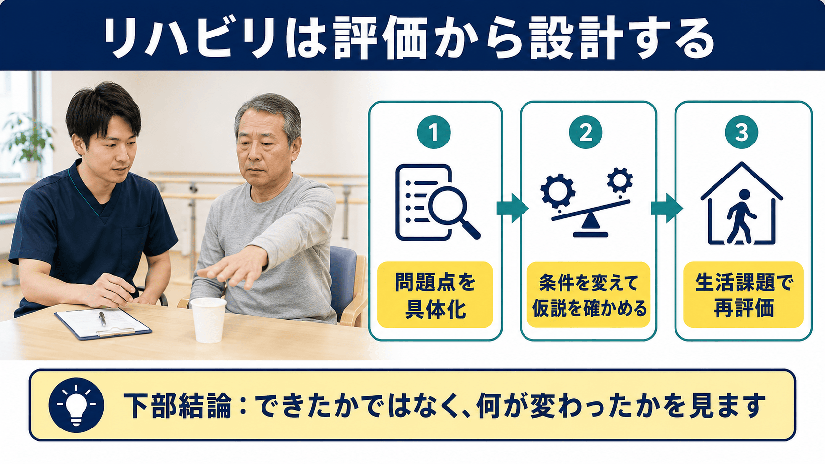 脳梗塞後のリハビリを問題点、仮説、課題、再評価で設計する図解