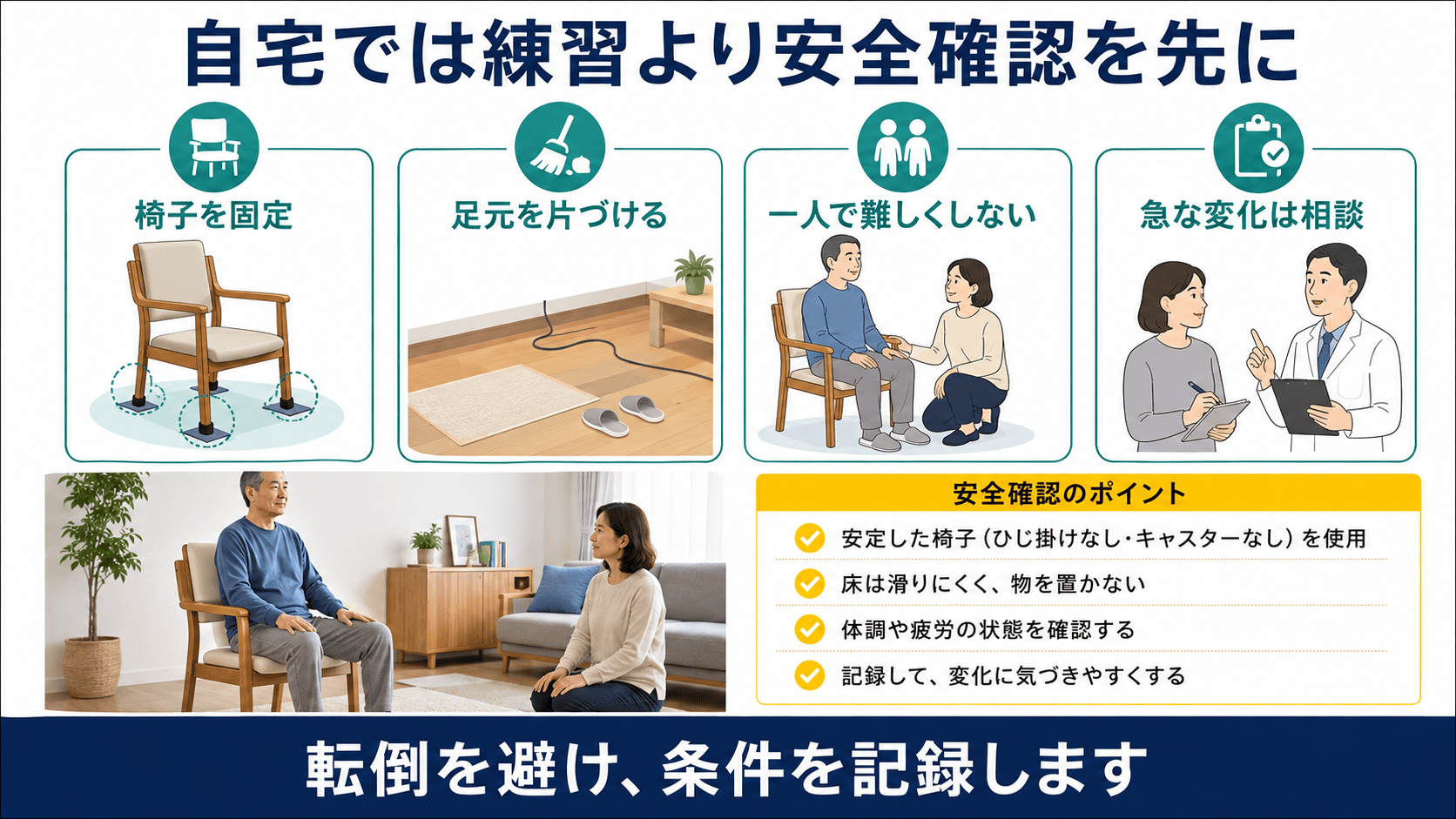 脳卒中後の立ち上がりを自宅で安全に観察するための椅子固定、足元整理、見守り、相談の図解