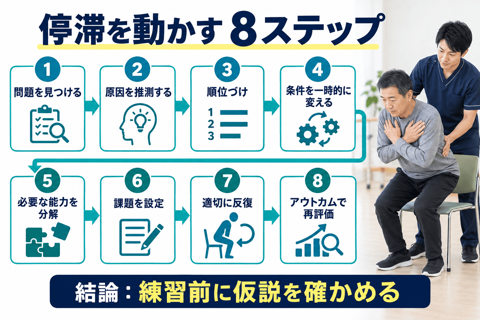 脳卒中リハビリの評価、原因推定、課題設定、反復、再評価の8ステップを示す図解