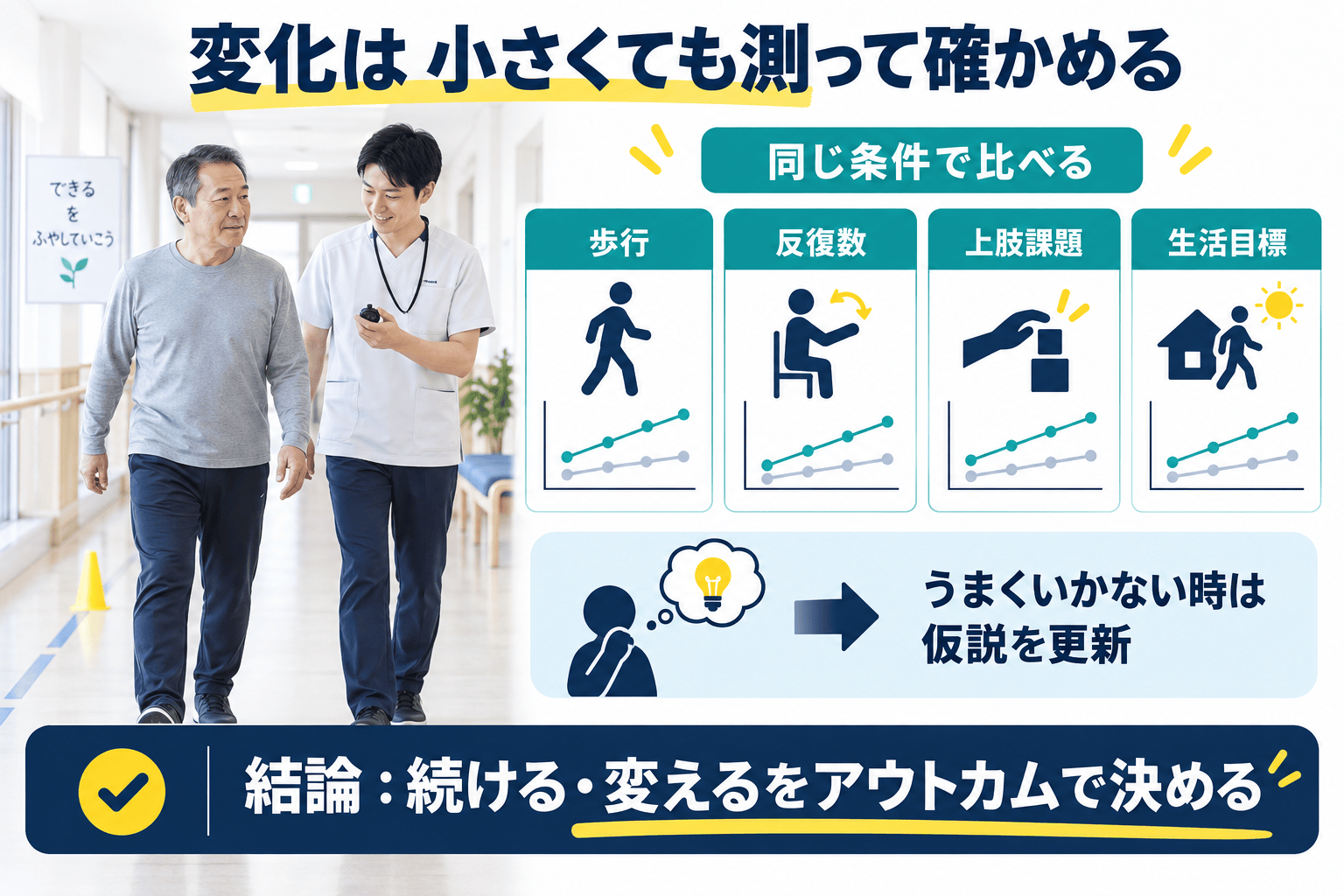 歩行、反復数、上肢課題、生活目標を同じ条件で再評価する脳卒中リハビリの図解