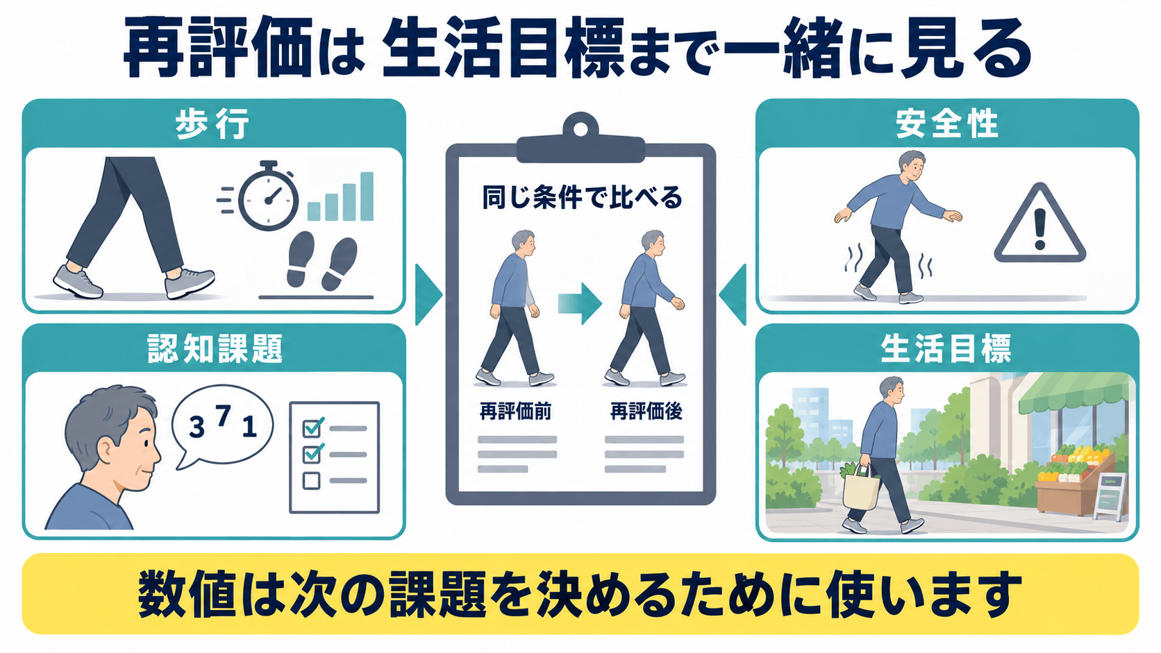 脳卒中後の二重課題歩行で歩行、認知課題、安全性、生活目標を同条件で再評価する図解