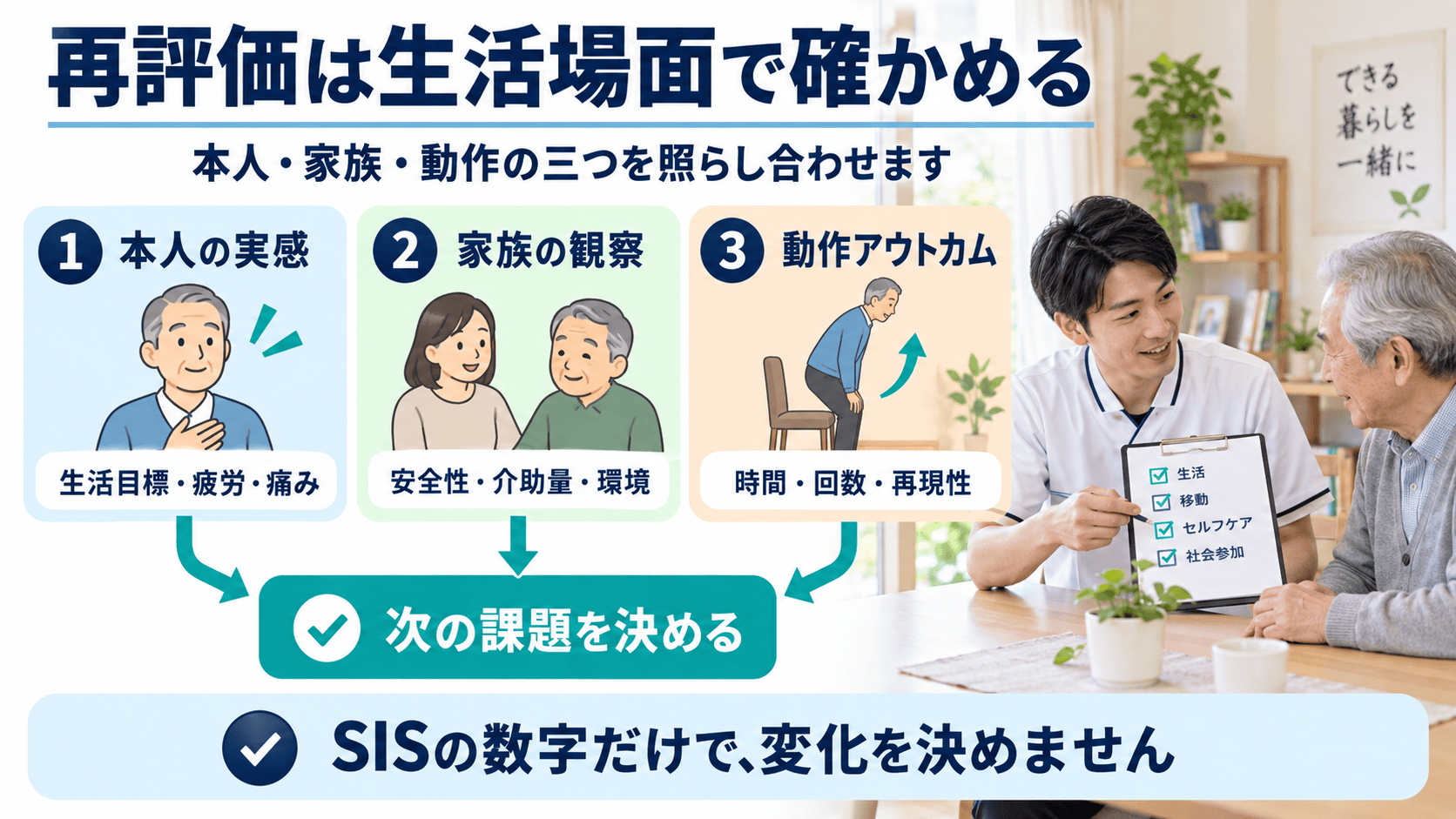 SIS再評価で本人の回答、家族の観察、動作アウトカムを照合する図解
