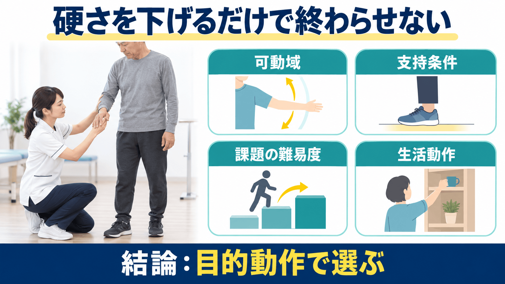 脳卒中後の硬さに対して可動域、支持、課題難易度、再評価を分けて介入設計する図解