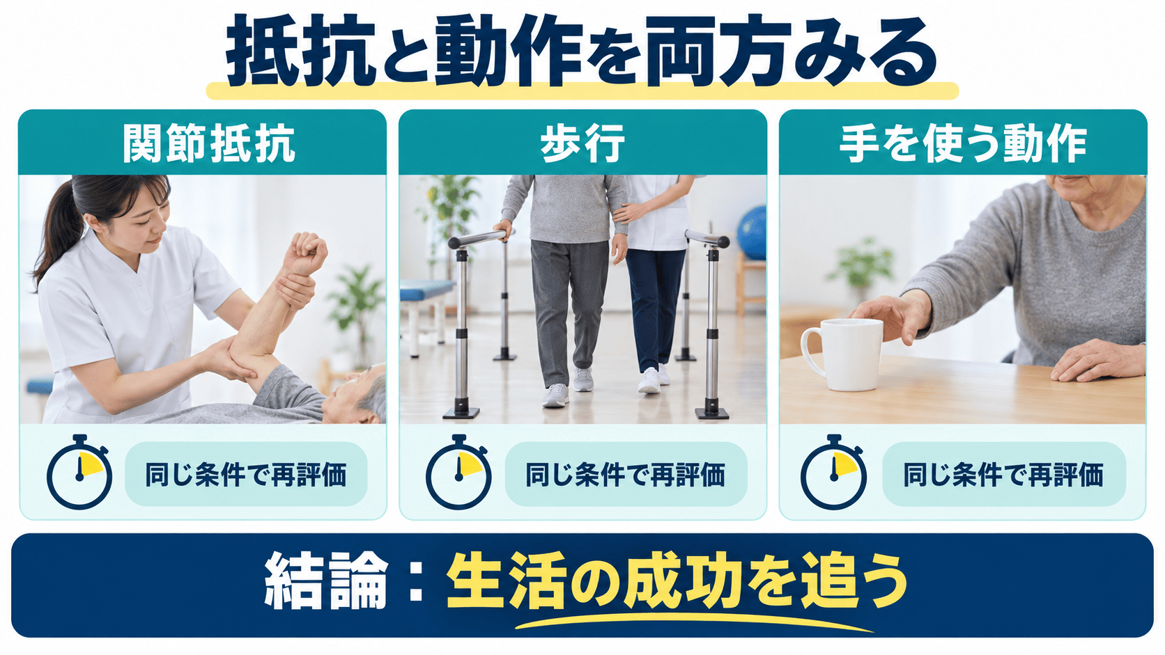 脳卒中後の痙縮で関節抵抗と歩行や上肢動作のアウトカムを並行して再評価する図解