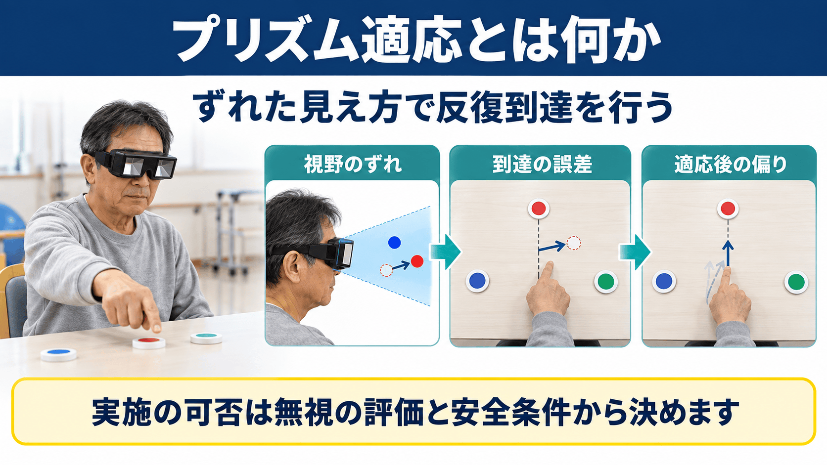 プリズム適応で視覚のずれと到達誤差を反復する仕組みの図解