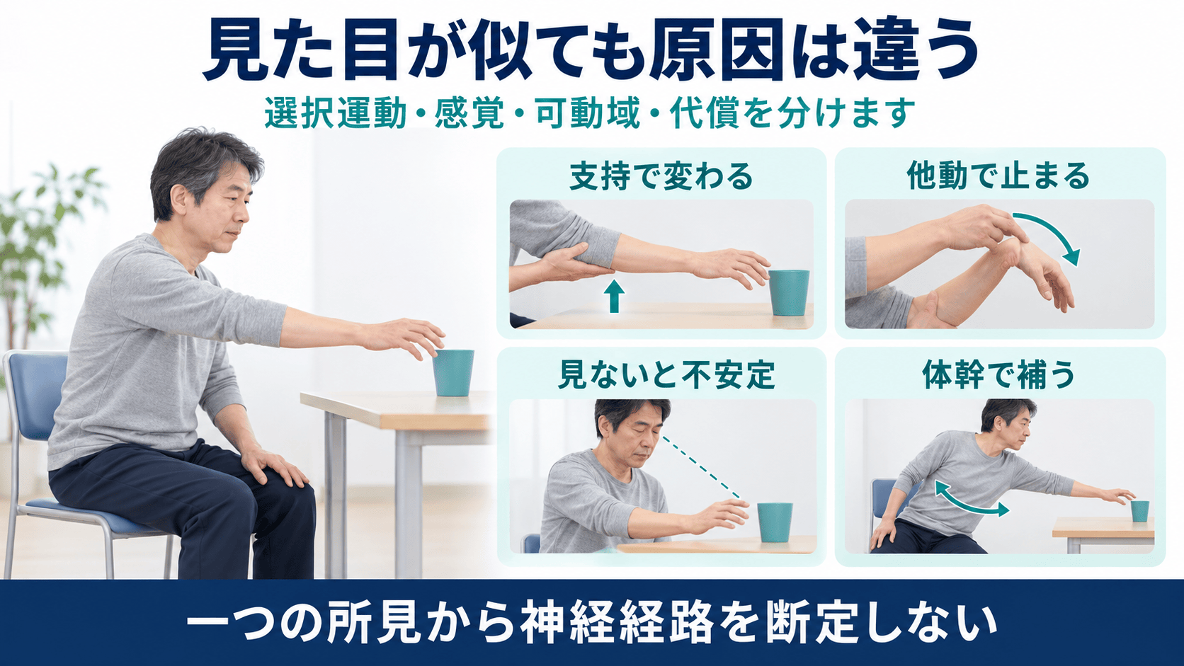 脳卒中後の運動麻痺で、選択運動、感覚、可動域、痛み、姿勢を区別して評価する図解