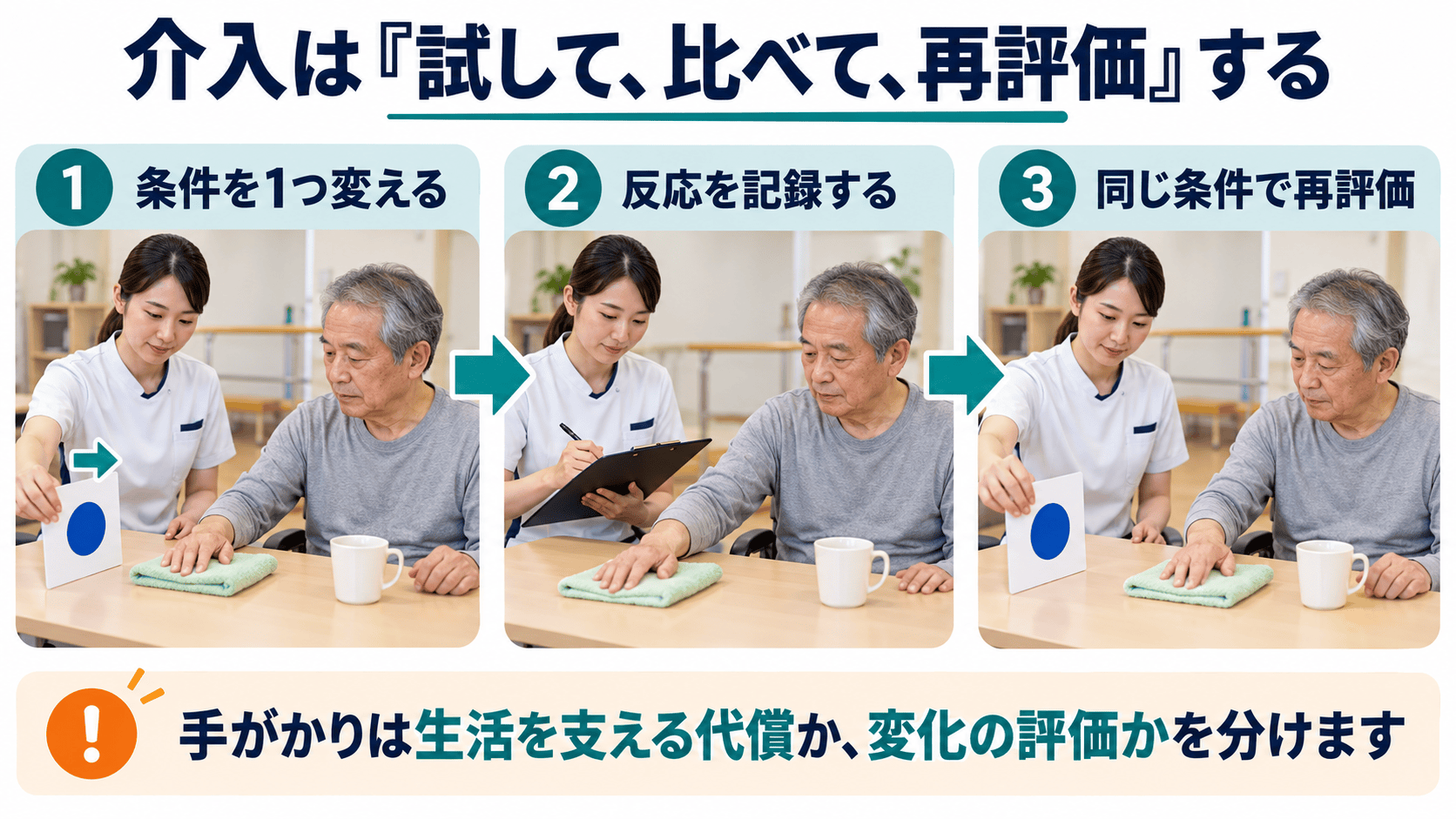 脳卒中後の身体失認に対して条件を一つ変え、反応を記録し、同じ条件で再評価する図