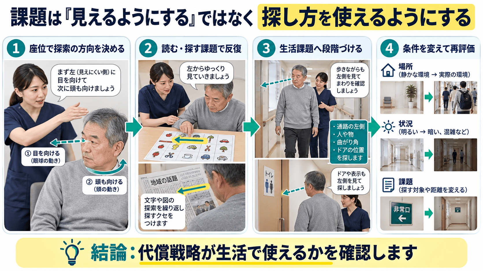 視覚探索の代償戦略を生活課題へ段階づける図解