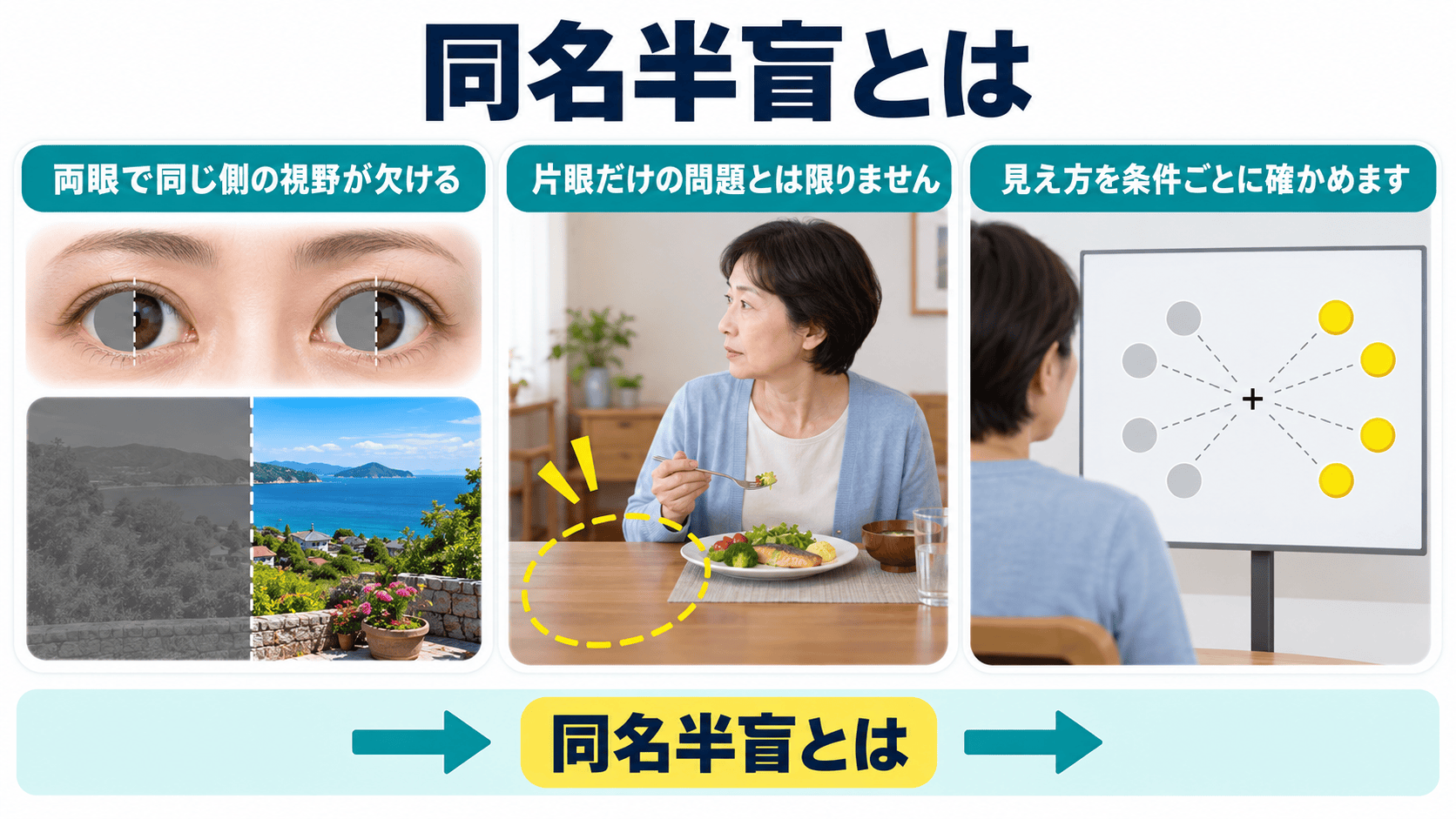 脳卒中後の同名半盲で両眼の同じ側の視野が欠けることを示す図