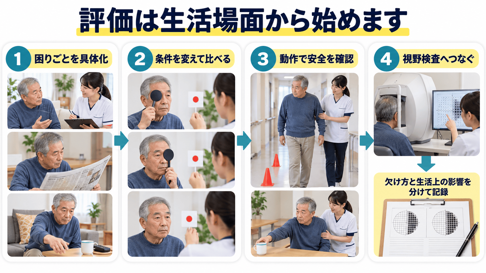 脳卒中後の同名半盲を生活場面、条件比較、動作観察、視野検査へ順に評価する図