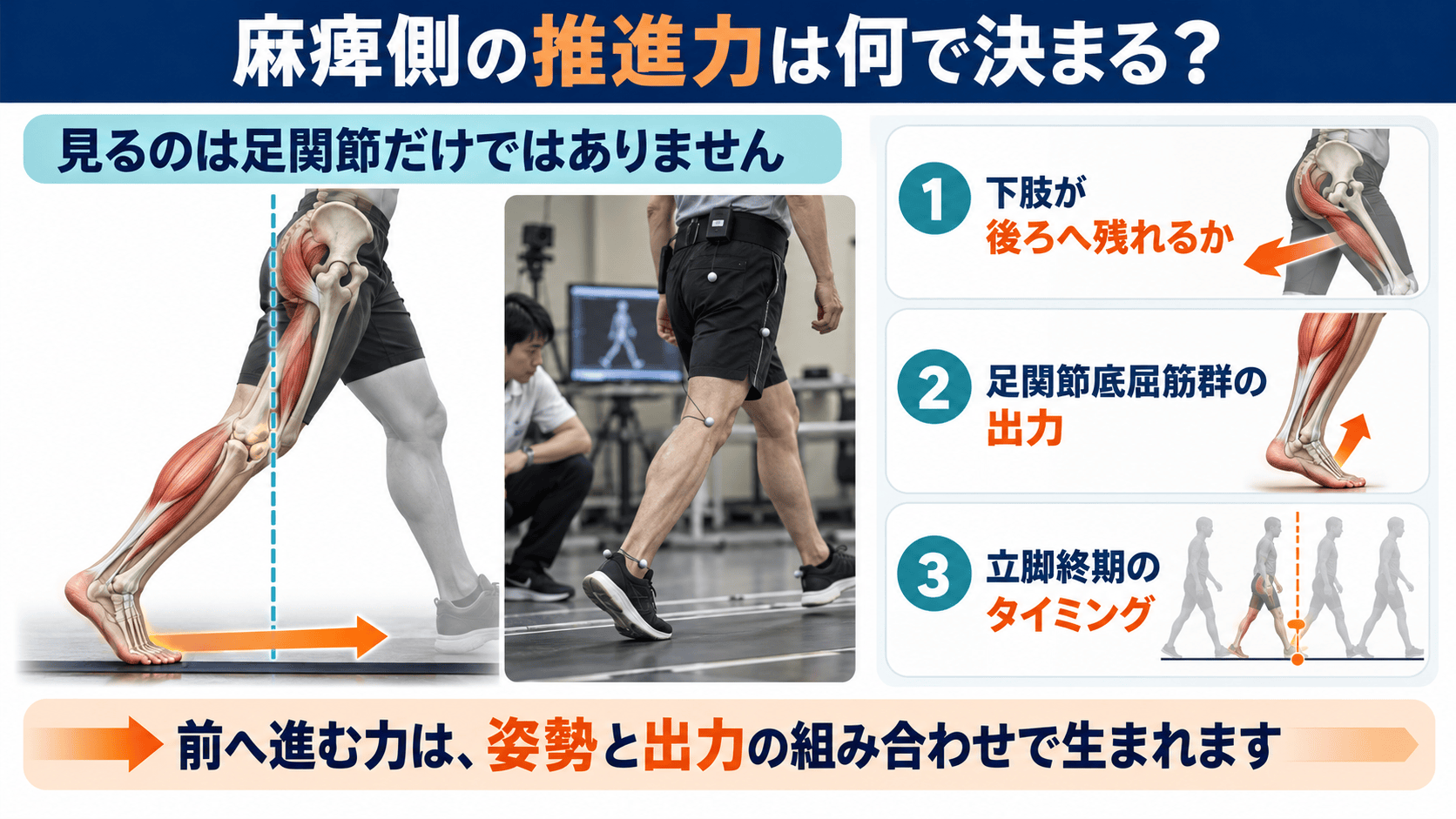 脳卒中後の麻痺側推進力を決める下肢位置と足関節底屈筋群の図解