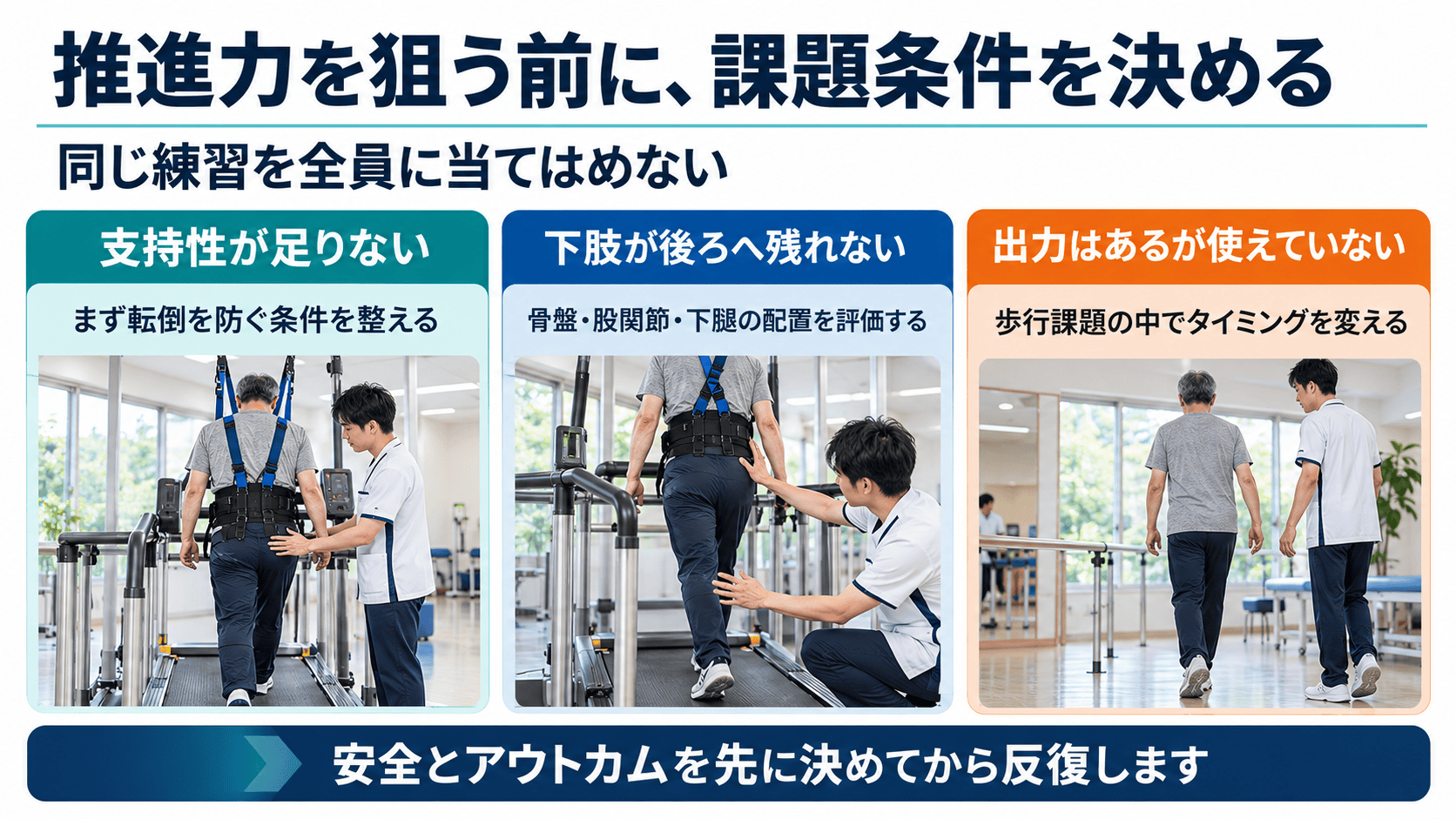 脳卒中後の麻痺側推進力に対する課題条件の決め方を示す図解