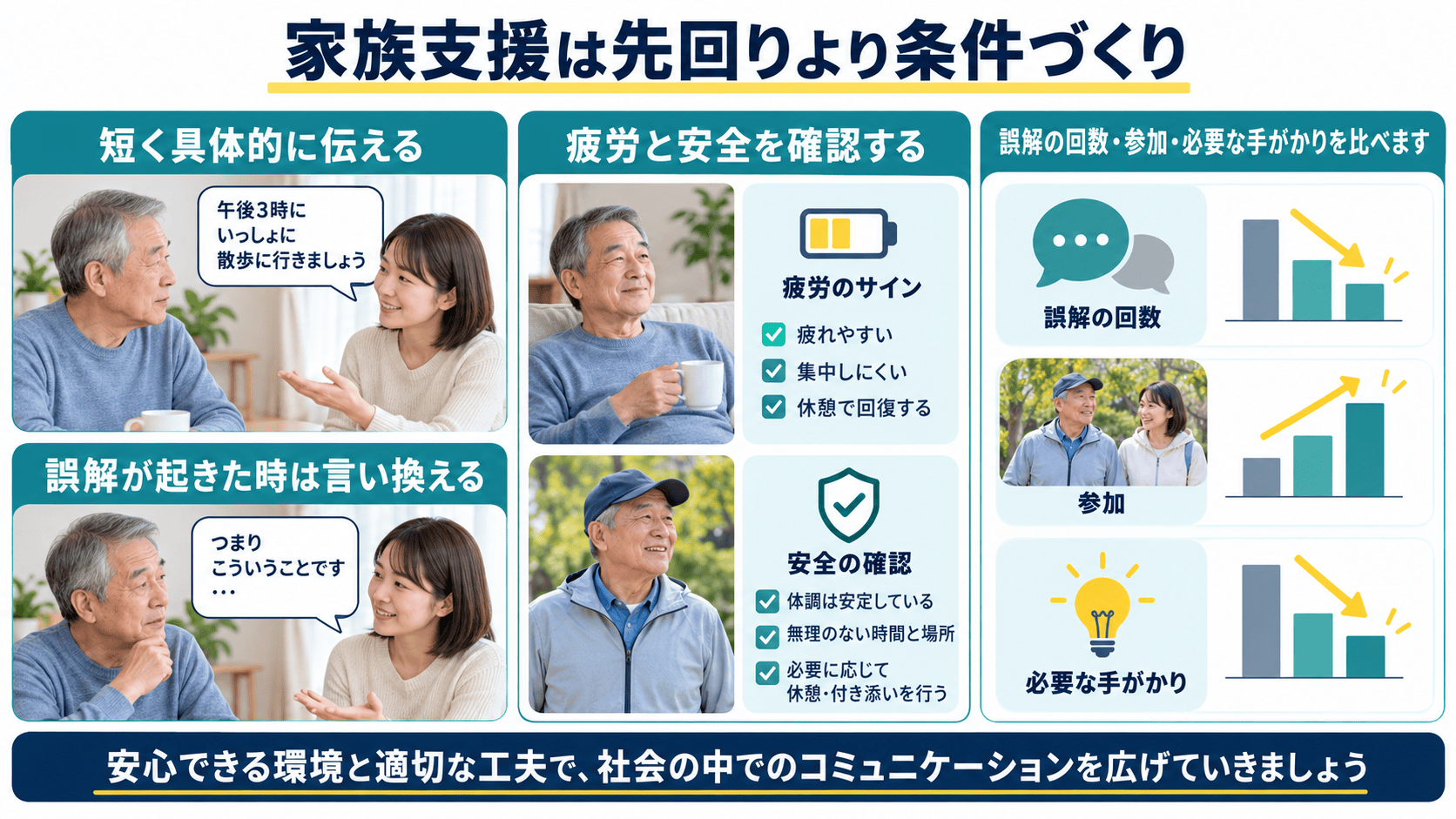 家族が短く具体的な会話と安全確認を行い、誤解、参加、必要な手がかりを追跡する図解