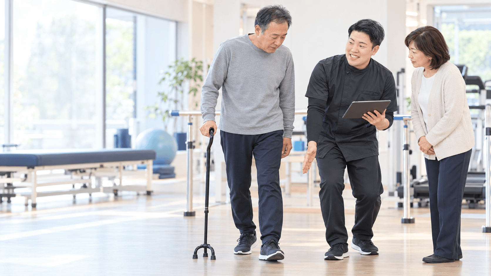 理学療法士が歩行を評価し、ご本人とご家族へ結果と方針を説明する様子